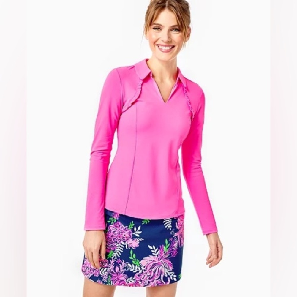Lilly Pulitzer Luxletic Martina Long Sleeve Polo in Plumeria Pink Ruffle Size XS
